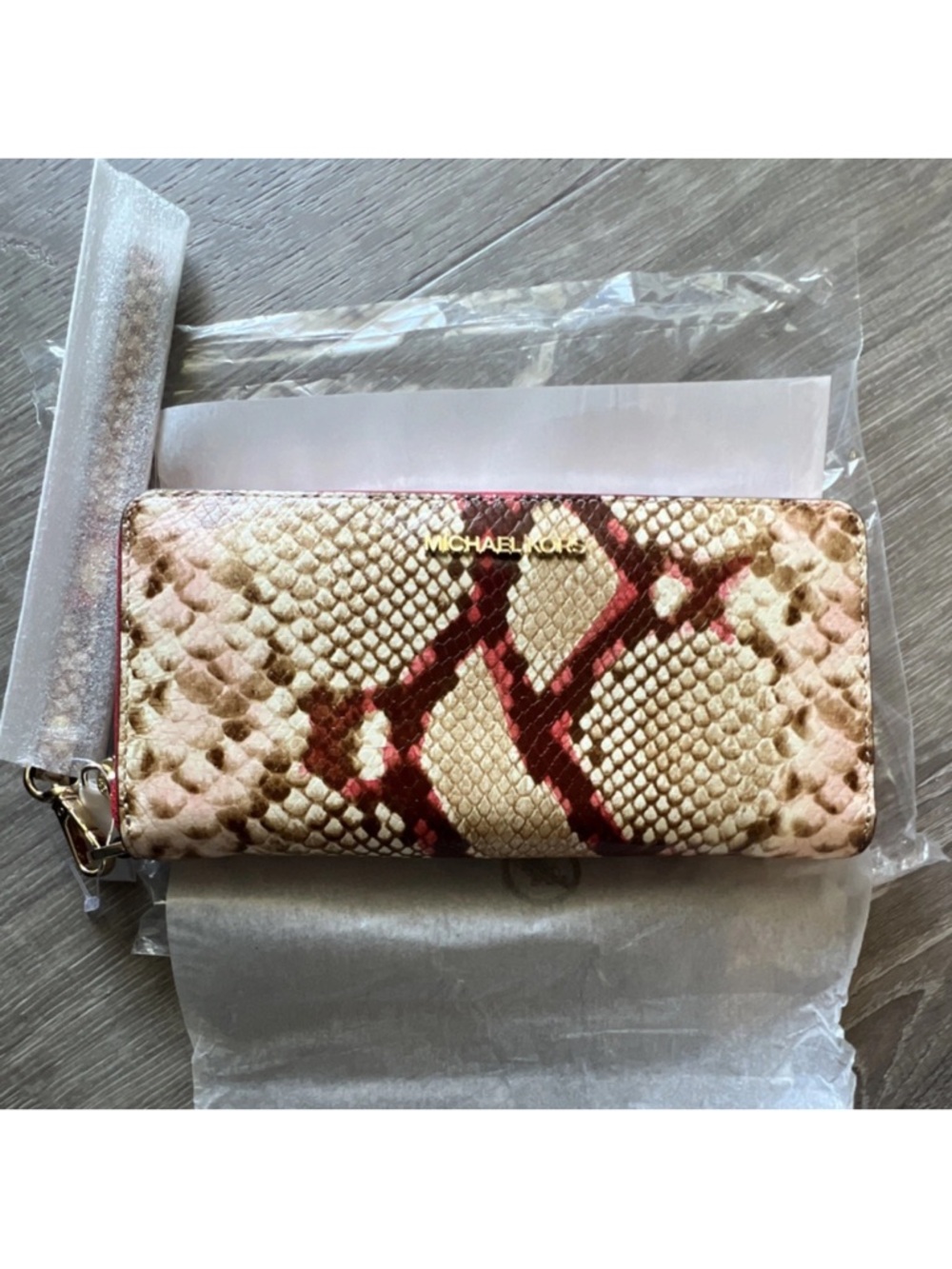Michael Kors Red and Tan Snake-Print Zip Wallet with wrist strap